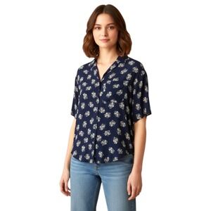 Bonnie & Norma Button Up Shirt Womens 4 Navy Blue Excellent Floral Rayon Blouse